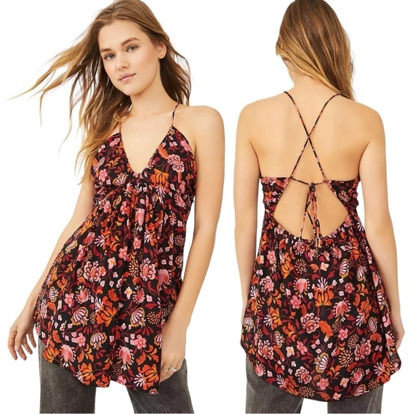 Free People Bohemian Gypsy Floral Halter Tunic Dress Beach Cover Up Bells XS - Picture 1 of 15